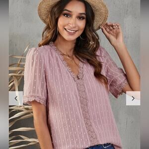 NWOT Swiss Dot Pink Lace Trim Plunge Blouse Women’s Size Medium